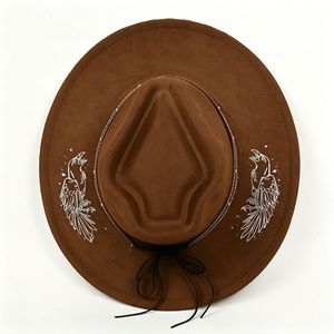 Topi Koboi Suede Bertepi Lebar Bordir 3D Motif Gagak Topi Fedora Barat Dengan Tali Pengikat Dapat Disesuaikan Topi Vintage Untuk Perjalanan Luar Ruangan dan Peternakan - Product Image 1