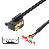 Cable DB9 macho-hembra chapado en oro con curva de 180 grados, terminal con borde superior pequeño y tubo marcador numerado, cable de conexión RS232