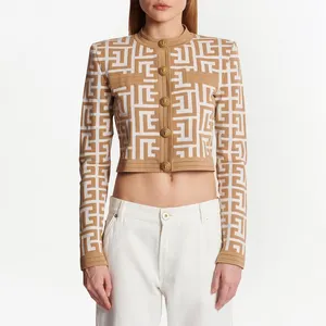 Custom women long sleeve button knit cropped monogram jacquard cardigan sweater
