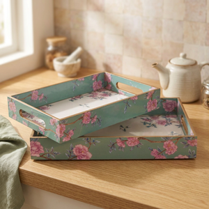 Rectangular Floral Storage <b>Tray</b> Wood Lacquered Serving <b>Tray</b> with <b>Gold</b> Rim Cutout Handles - Product Image 1