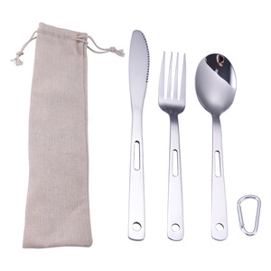 Juego de Cubiertos de Acero Inoxidable Ecológico para Acampar, Hacer Senderismo y Viajar, con Cuchara, Tenedor y Cuchillo, con Llavero y Bolsa de Algodón - Product Image 1