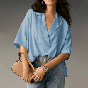 Camicia a maniche corte con risvolto a tinta unita <span class=keywords><strong>da</strong></span> donna, blusa casual a vestibilità ampia, top estivo nuovo arrivo - Product Image 3