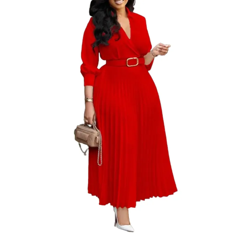 Wholesale Ladies Long Dress With Belt women's clothing Party Pleated Dress Long Sleeve women's dresses 2024