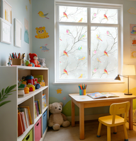Autocollants décoratifs en verre dépoli avec des oiseaux peints de style dessin animé, film opaque anti-regard pour la maison, la salle de bain, les fenêtres en verre