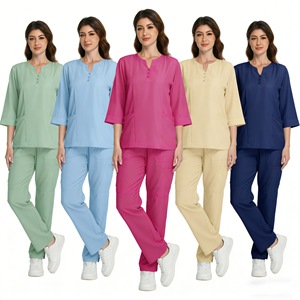 Women Medical <b>Scrub</b> <b>Set</b> Mid Sleeve V Neck Button Down Uniform Moisture Wicking For Pet Hospital Use - Product Image 1