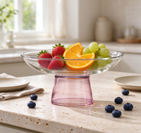 Bol à fruits en verre borosilicate transparent, base sur pied rose clair, large ouverture, plat de service pour desserts, collations, décoration de table