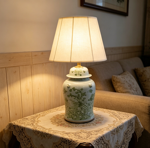 Lampada da Tavolo in Ceramica Stile Chinoiserie con Motivo Floreale Verde e Paralume in Lino, Lampada Vintage - Product Image 4