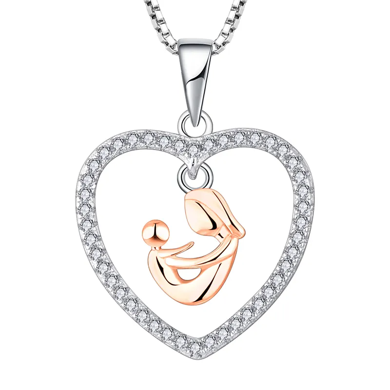 Mother And Baby Mothers Day Mom Necklace 925 Sterling Silver Collar Necklaces Heart Pendant Necklace Fashion Zircon Link Chain