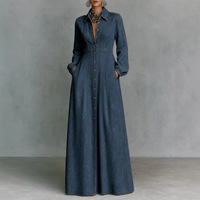 Robes maxi en denim minimalistes à coupe ajustée, manches longues et col à revers, robe cintrée à la taille, coupe évasée pour femmes