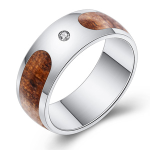 <b>Titanium</b> Steel Wood Grain Diamond <b>Ring</b> Round Brilliant Cut Unisex Everyday Wear Jewelry - Product Image 1