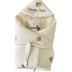 Baby Blanket Soft Organic Cotton Newborn Swaddle Bear Embroidery Pattern Bamboo Baby Blanket