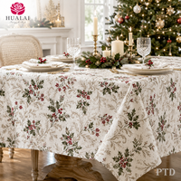 Nappe de Noël HuaLai 90x156 pouces en polyester imitation coton, motif botanique feuilles de houx et baies rouges, couverture de table festive