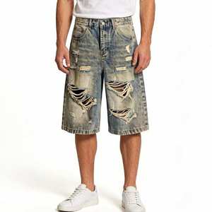 Pantaloncini da uomo personalizzati estivi larghi streetwear casual in <span class=keywords><strong>denim</strong></span> strappato effetto sbiadito con stampa lavata - Product Image 3