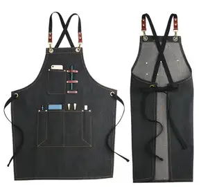 Hot sell Custom cross back PU strap tools BBQ work apron denim canvas thickened Craftsman Woodworker Cobbler cow leather apron