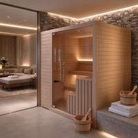 Sauna infrarouge moderne pour 4 personnes, salle humide et sèche, traditionnel, en bois, avec panneau de commande informatique, pour usage commercial et bien-être.