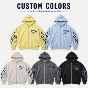 Hoodie <strong>Mens</strong> Fashion Custom High Quality 450 GSM Velour Zip up Print Hooded With Cowboy Checker Frailed Hip Hop Erkek Sweatshirt - Product Image 2