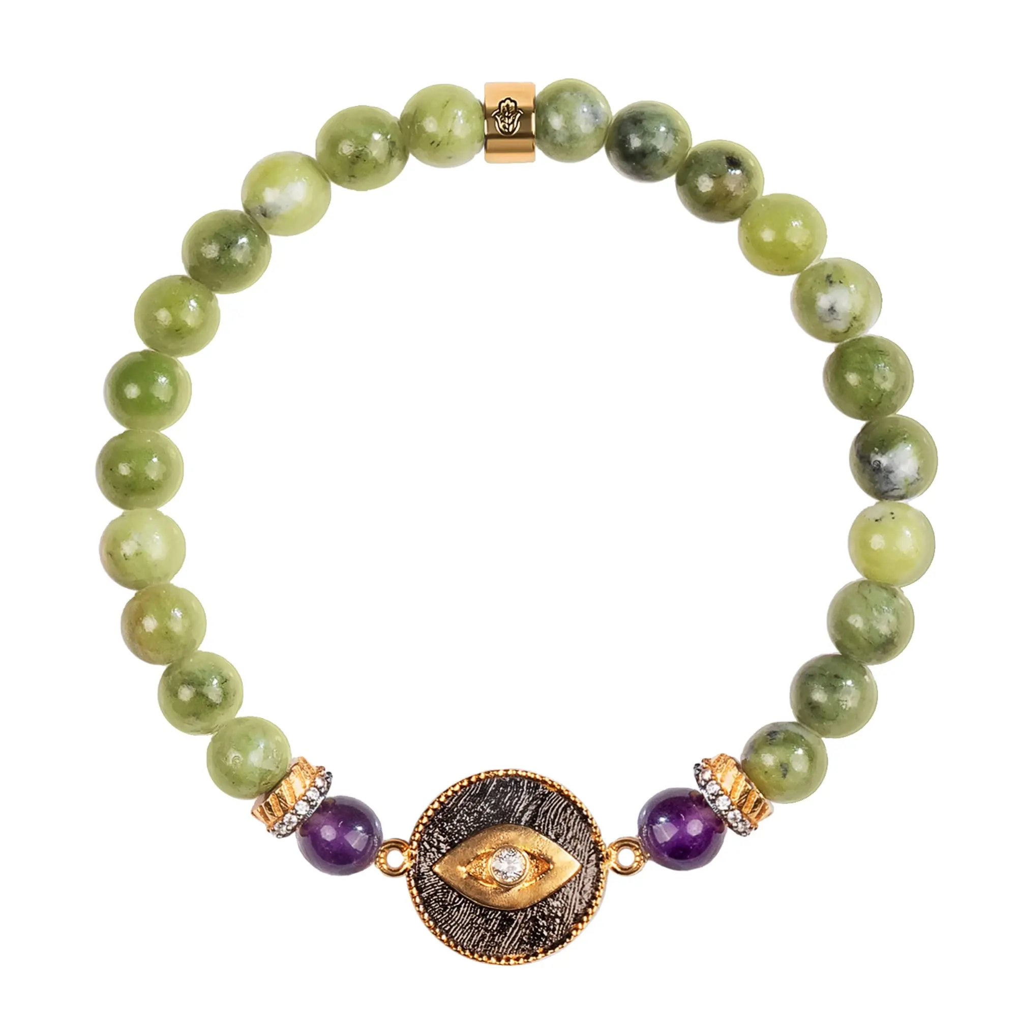 Damen-Echt-Jade-Stein 18K vergoldetes Messing-Augen-Perlen-Armband. 6,5 Zoll reißgedruckt. Schutzarmband, geschenkbereit für H
