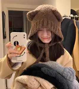 महिलाओं टोपी बिल्ली कान Crochet लट बुनना कैप्स गर्म सर्दियों प्यारा टेडी भालू कान Beanie टोपी के साथ चोटी