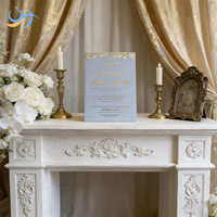 Invitations de mariage personnalisées en or doré de luxe |   Cartes d'invitation de mariage élégantes et formelles en carton texturé bleu poussière de qualité supérieure