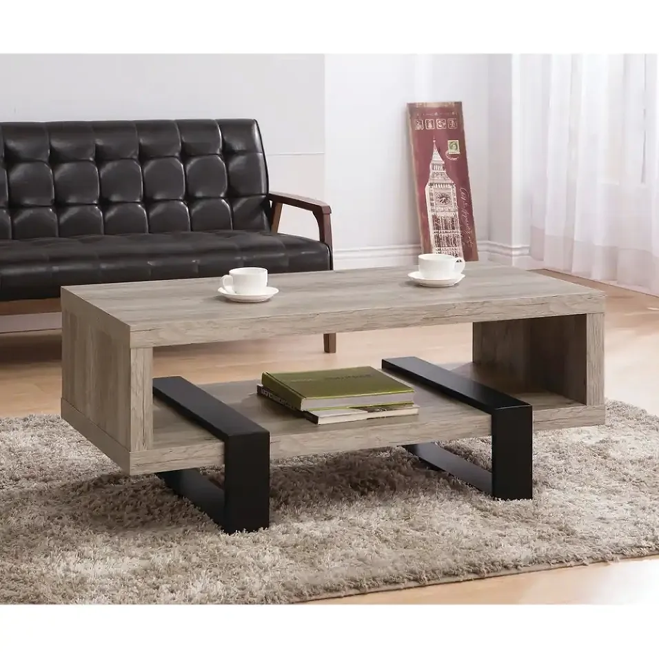 Mesa de centro de madera gris rústica con estante de almacenamiento Mesa central para sala de estar Soporte para consola de juegos