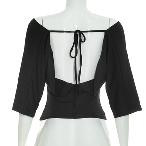 Viviblook Y26TP271 – Haut décontracté d'été pour femme, nouveau t-shirt sexy à épaules dénudées et dos nu avec lacets pour dames - Product Image 5