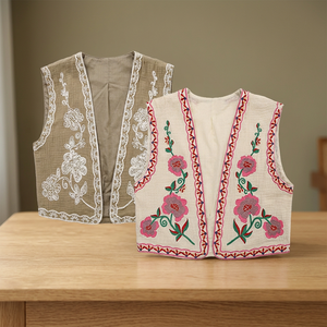 Gilet bohème brodé floral pour femme, col en V, décontracté, fait main en coton, vêtement d'extérieur - Product Image 3