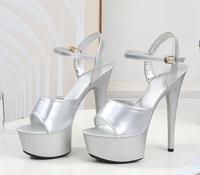 Sandales à talons hauts de 15 cm pour femme, avec bride de cheville, bout ouvert, plateforme, talon épais, couleur rouge, pour la pole dance, idéales pour l'été