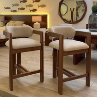 Chaise de bar haute en bois massif avec accoudoirs courbes et tissu bouclé, style nordique minimaliste, pour cuisine, salle à manger, hôtel, îlot central