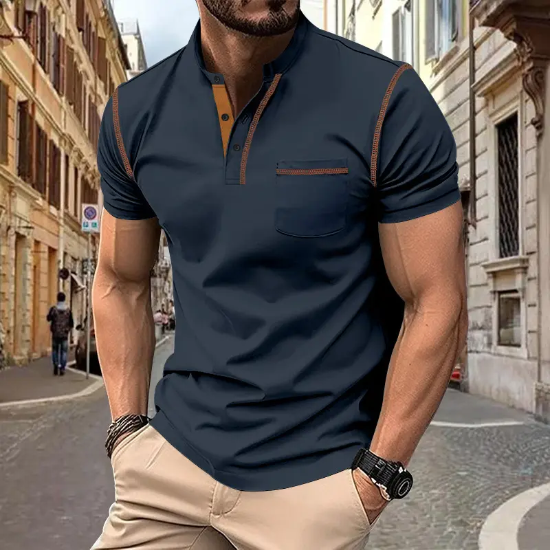 Groothandel Heren Zomer Casual Designer Fashion Shirts Ademend Polyester Korte Mouw Knoop Pullover Tops Pocket Design Shirt