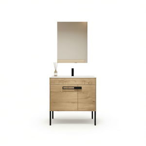 Meuble-lavabo autoportant 36 pouces en bois au design minimaliste avec vasque en céramique et miroir sans cadre - Product Image 1