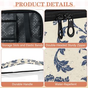 Sac de maquillage personnalisé en gros, imprimé floral bleu, double couche, avec dessus transparent, trousse de toilette pour femmes - Product Image 6