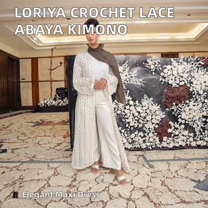 Crochet Lace Abaya Kimono <b>Cardigan</b> Long Sleeve Mesh Cover Up Modest Muslim Maxi Kaftan for Prayer Wedding - Product Image 2