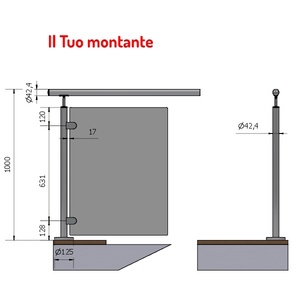 Vertical A4 de 42,4mm, acero inoxidable AISI 316, vidrio ciego, acabado satinado, fijación izquierda, altura del suelo, 1,00 m, diseño vertical - Product Image 1