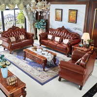Sofá de Tres Plazas en Forma de U de Cuero Genuino Estilo Europeo, Combinación 123, Estilo Americano, Color Oscuro, Tallado Vintage para Salas de Estar