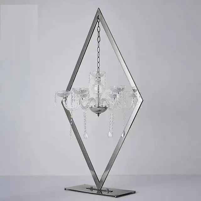Wholesale decorative large gold tall diamond frame hanging table metal crystal pendant flower stand for wedding centerpiece