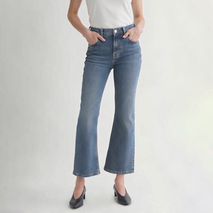 Jean en denim évasé taille haute personnalisé Leduo pour femme, bleu moyen, extensible, décontracté, coupe cheville - Product Image 1