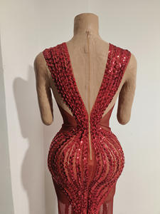 ชุดราตรีโนแวนซ์ Y5548 ประดับคริสตัลสีแดง ดีไซน์หรูหรา แต่งเลื่อมวิบวับ โปร่งใส เซ็กซี่ สำหรับผู้หญิง ใส่ไปงานปาร์ตี้ คลับ หรือกลางคืน - Product Image 6