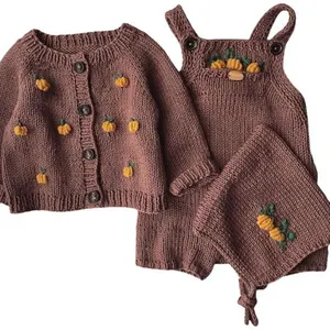 Knitted Kids Baby Girl Clothes Cotton Knit Toddler Sweater Winter Newborn Bonnets Clothing Sets (price only for overall)