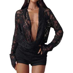 VOIKERDR Combinaison courte en dentelle pour femme, col bénitier, moulante, tenue de soirée, tissu respirant - Product Image 3