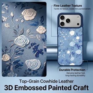 Étui de téléphone en <span class=keywords><strong>cuir</strong></span> de luxe avec impression florale 3D en relief, effet broderie, motif rose, vintage, antichoc, impression peinture à l'huile - Product Image 1