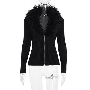 Suéteres de Punto Negros con <span class=keywords><strong>Cuello</strong></span> de Piel Sintética, Manga Larga y Cierre Frontal para Mujer, Suéteres de Punto Ajustados a la Moda - Product Image 3