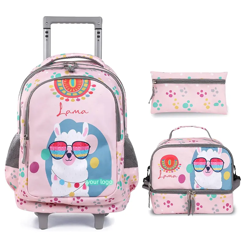 Groothandel Custom Lunch Tas & School Rugzak Set Kids Karakter 2 Wielen Trolley Schooltas Rollende Rugzak Voor Kinderen