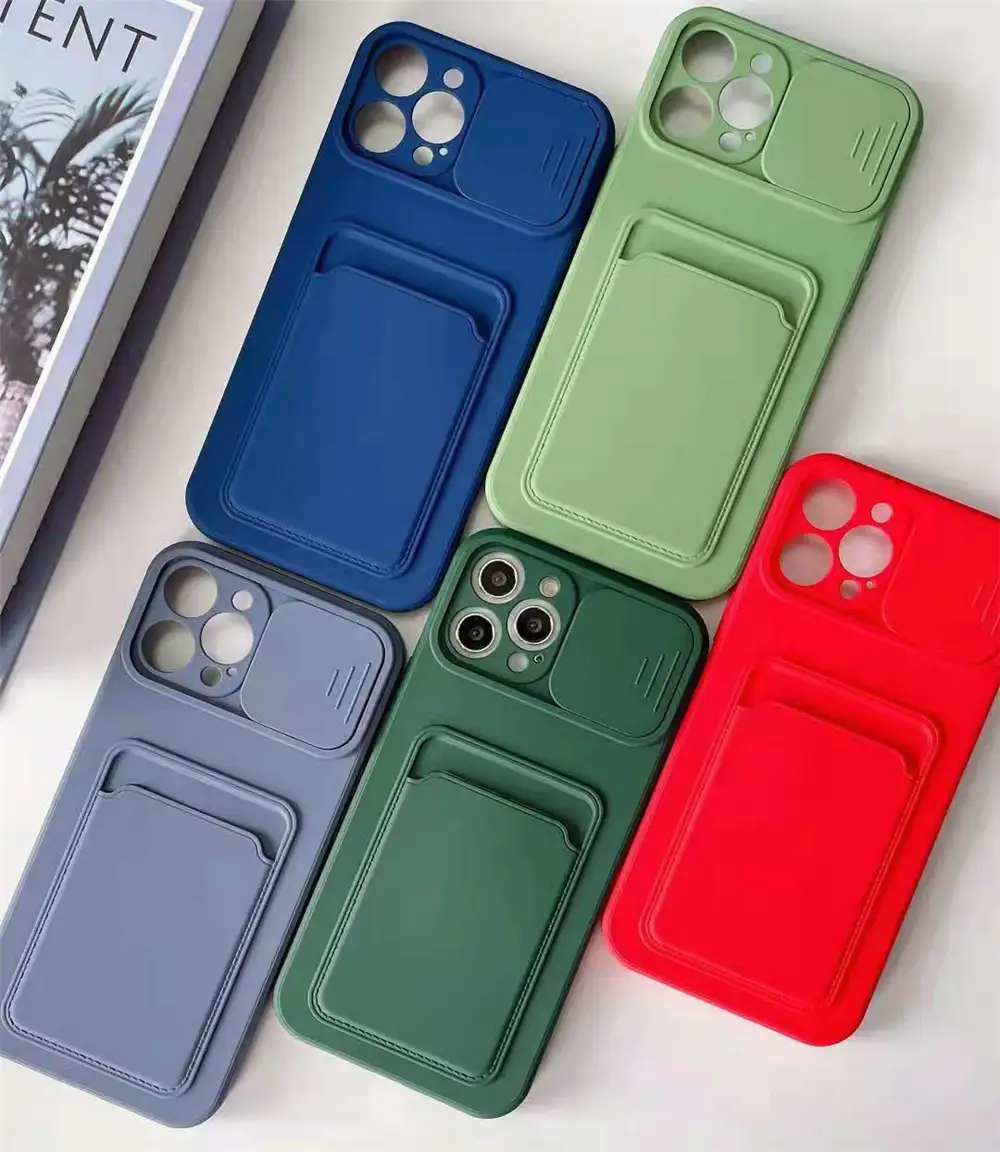 For iPhone 13 Case Slide Camera Protector Card Slots Wallet Soft Liquid Silicone Cove For iPhone 13 12 Pro Max Mini