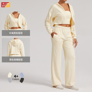 Sweat-shirt à capuche en polaire beige pour femme, ensemble crop top à manches longues, vêtements de sport décontractés, légers et confortables - Product Image 5