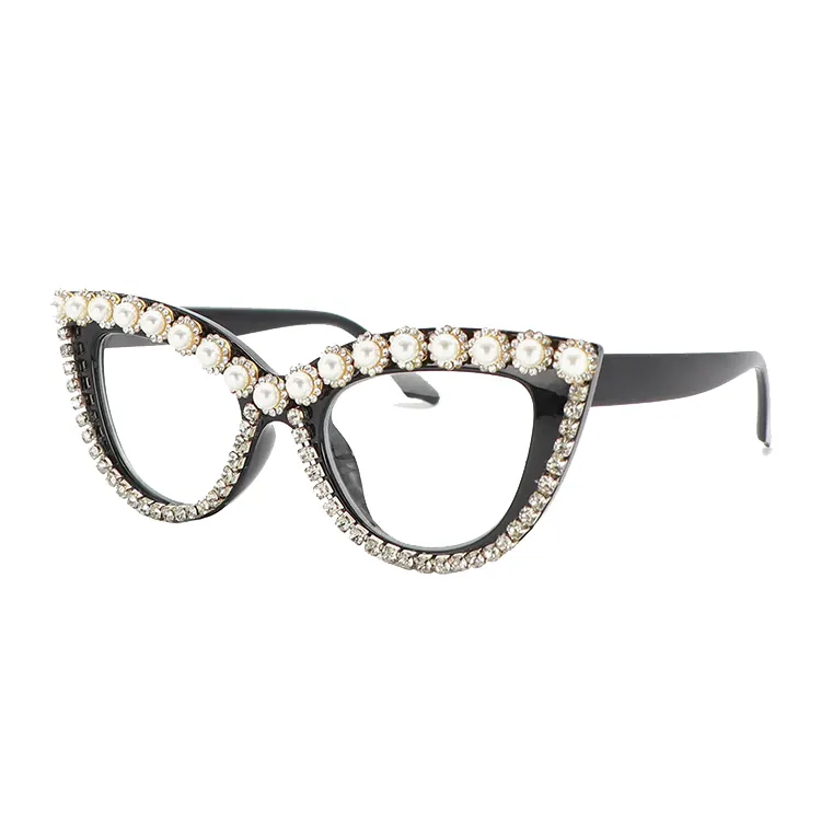 Vanlinkerハイエンドラグジュアリーチタンオプティカルラージフレームアイウェアパールキャットアイガラスパールビーズ眼鏡