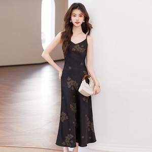 Women's V-Neck Spaghetti Strap Floral Print Satin Long Dress Black Elegant Club Wear 2025 Summer New Arrival - Product Image 1