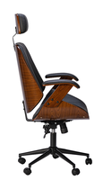 Chaise de bureau de direction ergonomique moderne de luxe à dossier haut avec support lombaire en contreplaqué courbé noyer et base métallique en cuir synthétique