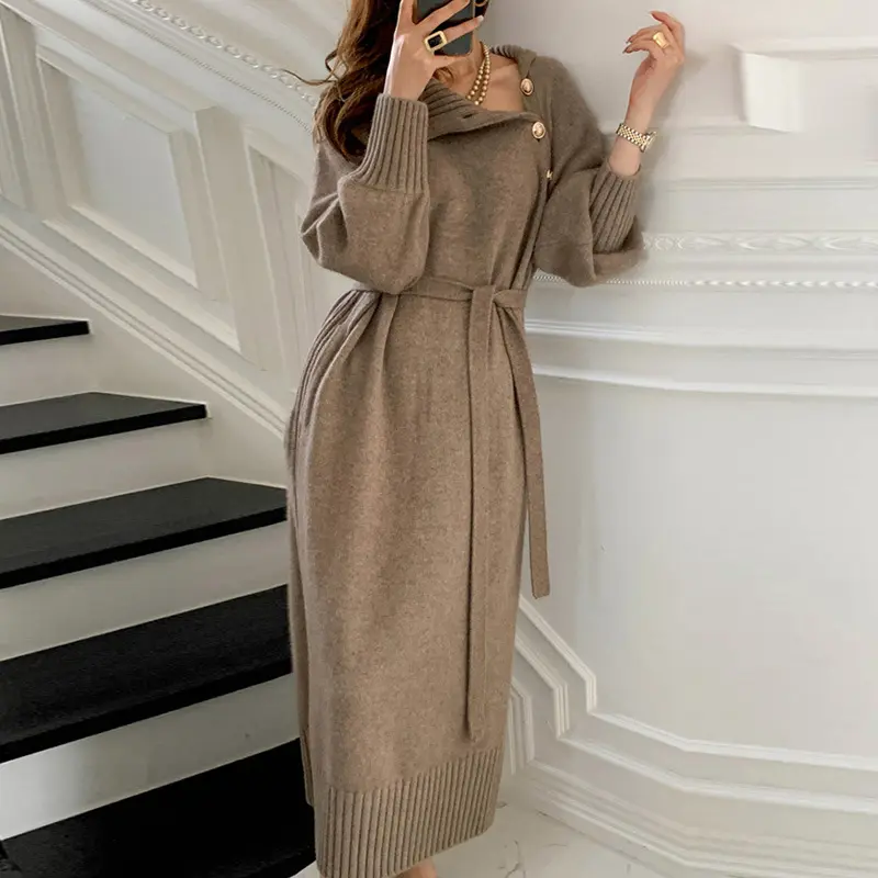 Wholesale Autumn Winter Women Long Sleeve Knit Dress with Belt Button French Style Elegant Solid Color Sweater Casual Long Dress