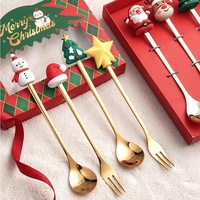 Cadeaux de Noël 2025 Ensemble de couverts Nouveau design Noël Ensemble de cuillères et de fourchettes mignonnes en acier inoxydable Cuillère à café dorée pour cadeau