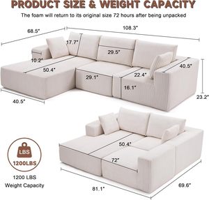 Modular L-Shape Beige Leather <b>Sofa</b> Foam Compressed <b>Sofa</b> Couch Compressed <b>Sponge</b> Corduroy Sectional <b>for</b> Living Room - Product Image 3
